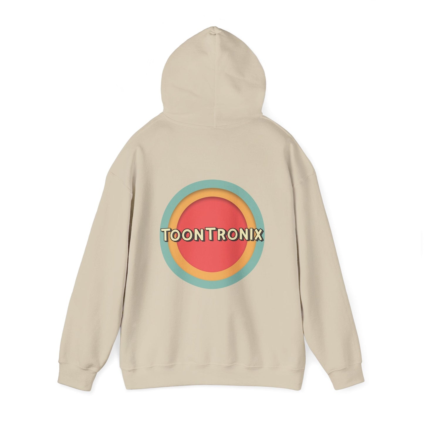 Unisex heavy blend hoodie with Toontronix Toons logo, beige color, back view.