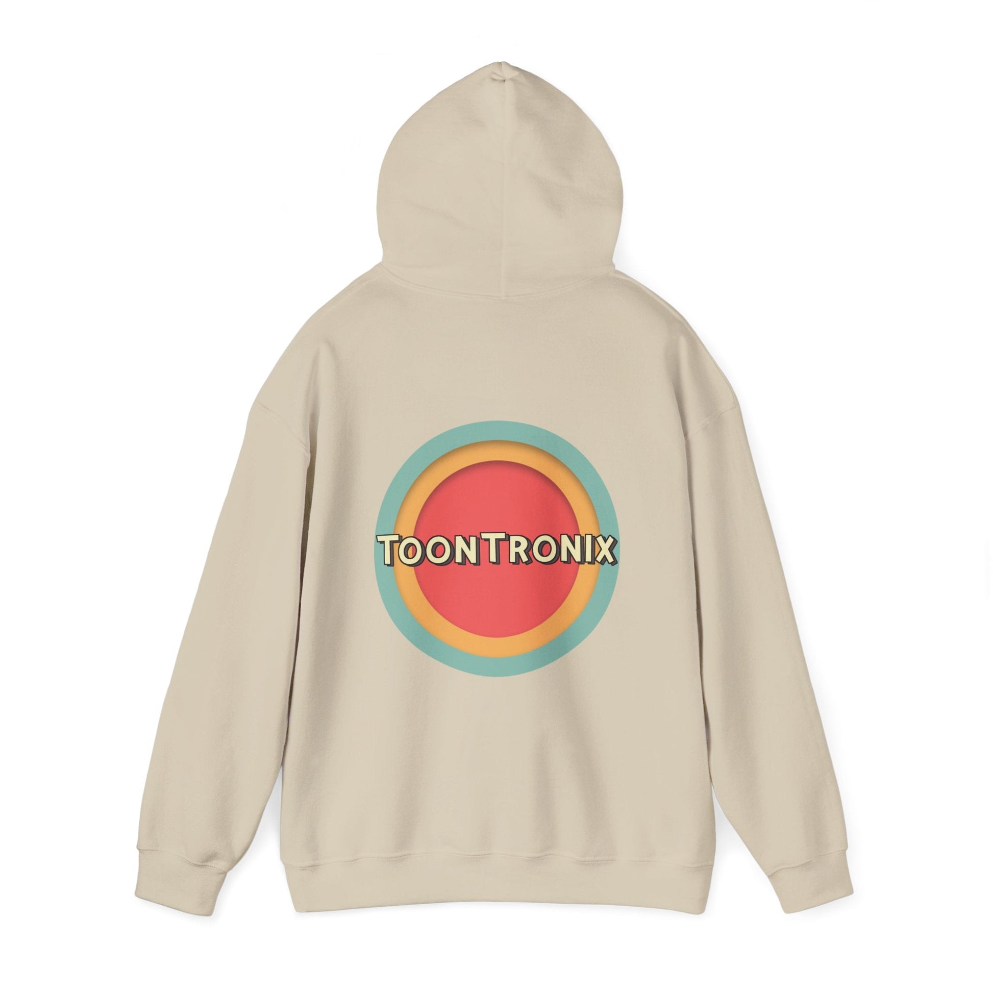 Unisex heavy blend hoodie with Toontronix Toons logo, beige color, back view.