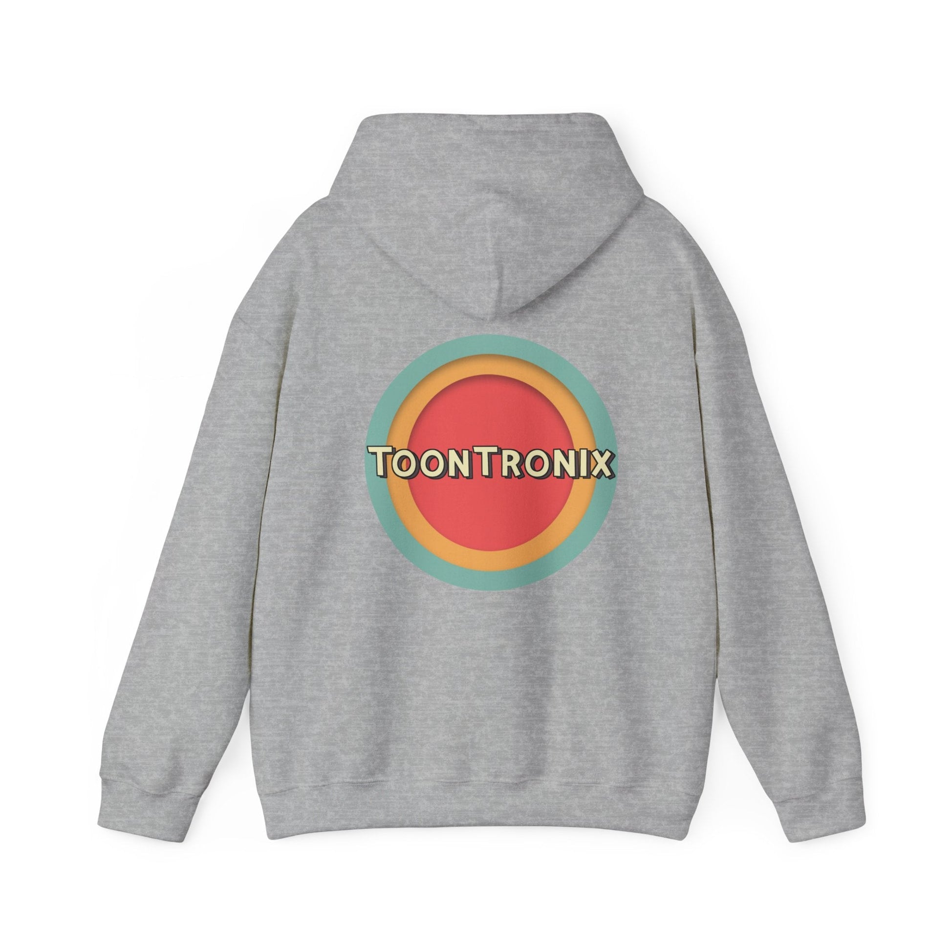 Toontronix Toons Logo Hoodie in grey with colorful back print, unisex heavy blend.