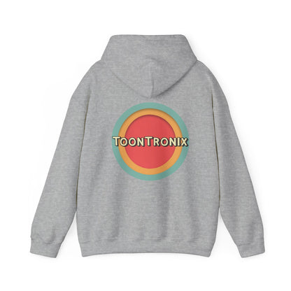 Toontronix Toons Logo Hoodie in grey with colorful back print, unisex heavy blend.