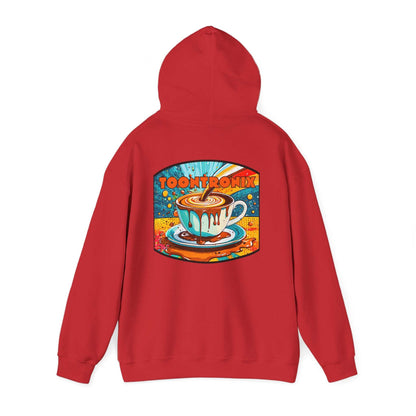Unisex Toontronix Coffee Drip Hoodie in red with a vibrant coffee cup graphic on the back.