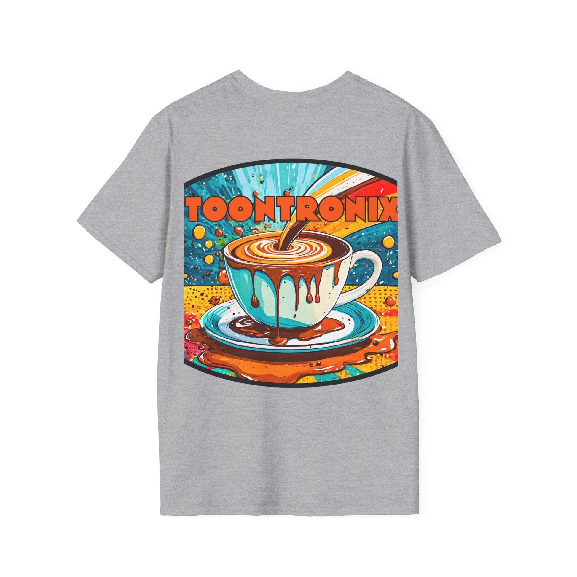 Unisex grey t-shirt featuring Toontronix Drip Coffee graphic, 100% cotton, classic fit.