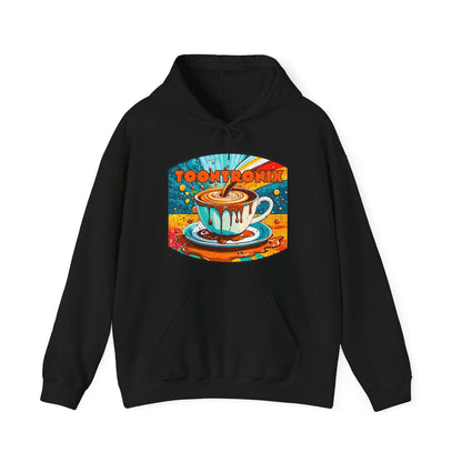 Unisex Toontronix Coffee Drip Hoodie with colorful coffee cup print, featuring a spacious kangaroo pocket and adjustable drawstring.