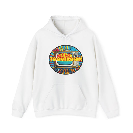 Unisex Toontronix Donut Hoodie with colorful graphic, featuring a kangaroo pouch pocket and adjustable drawstring hood, perfect for casual wear.
