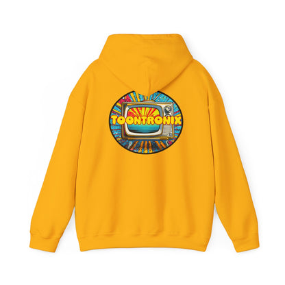 Toontronix TV Hoodie in yellow with retro TV graphic on back, unisex heavy blend, kangaroo pocket.