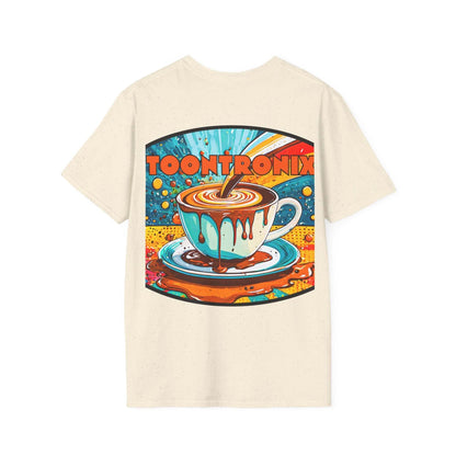 Toontronix Drip Coffee Tee Unisex T-Shirt with colorful coffee cup graphic, classic fit.