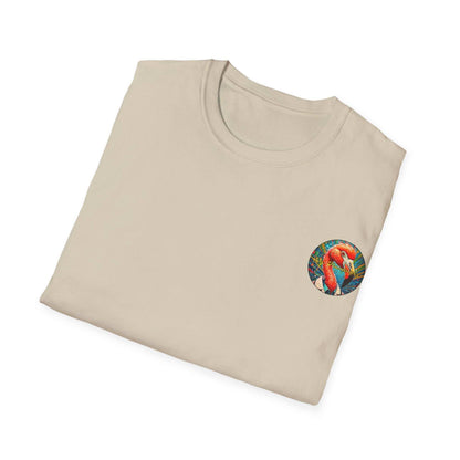 Vibrant Flamingo T-Shirt with ribbed collar and colorful design.