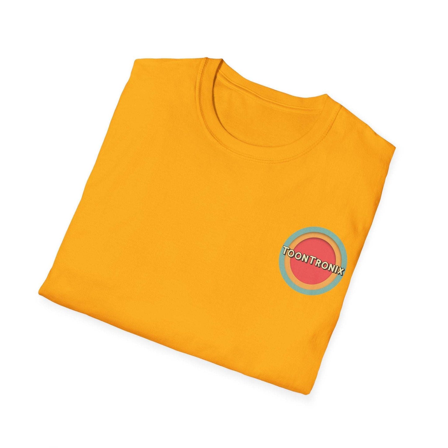 Yellow Toontronix Donut Tee with logo on folded shirt.
