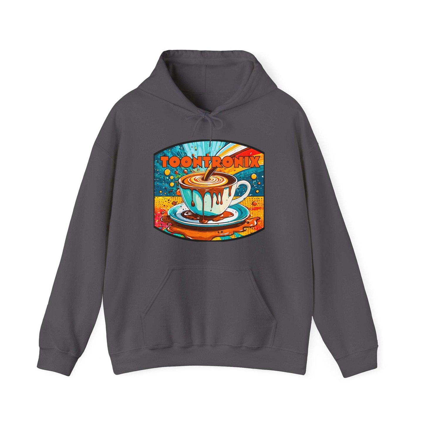 Unisex Toontronix Coffee Drip Hoodie with colorful coffee design, kangaroo pocket, and drawstring hood.