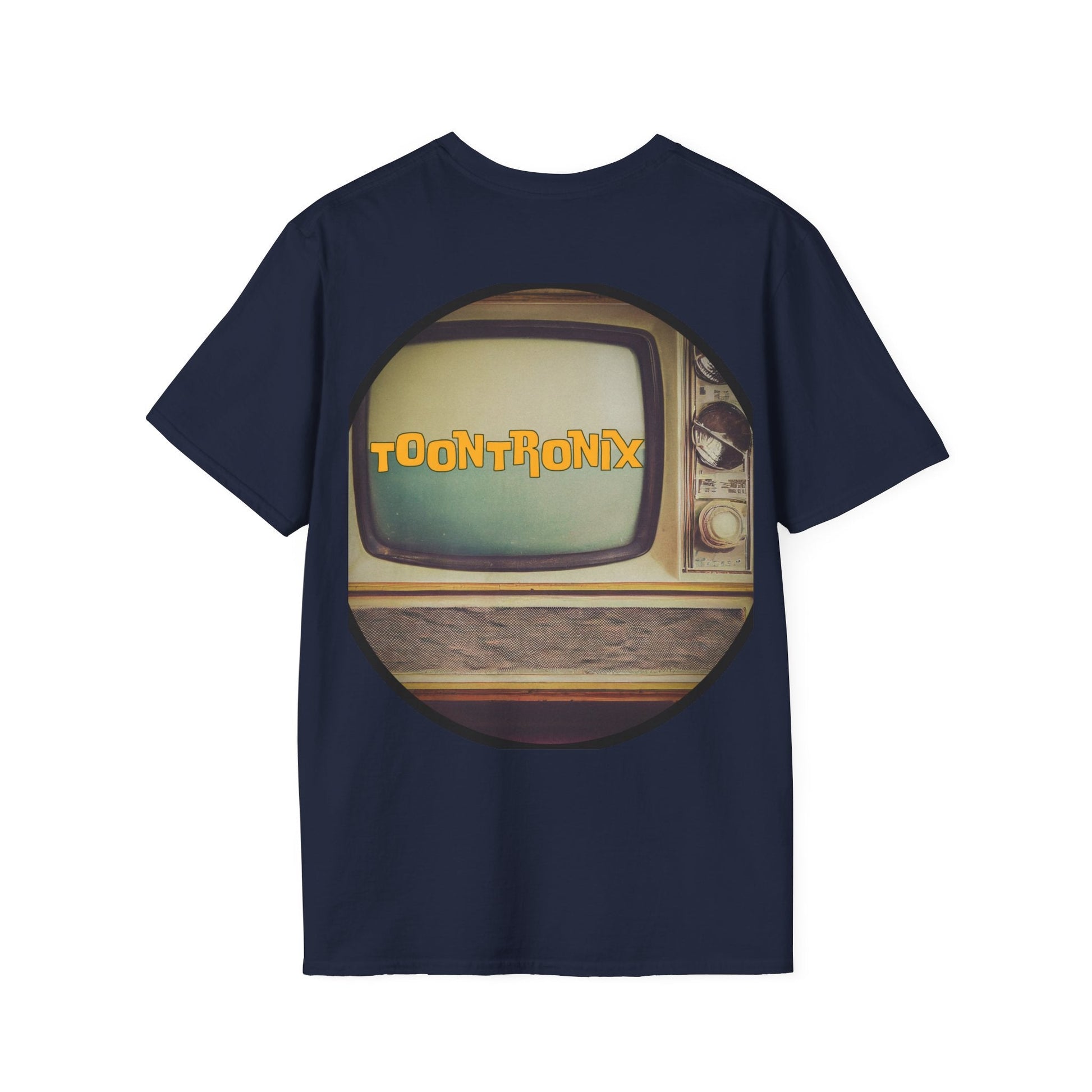 Toontronix Atomic Tv Tee with vintage cartoon design on navy background.
