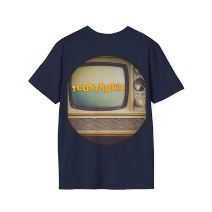Toontronix Atomic Tv Tee with vintage cartoon design on navy background.