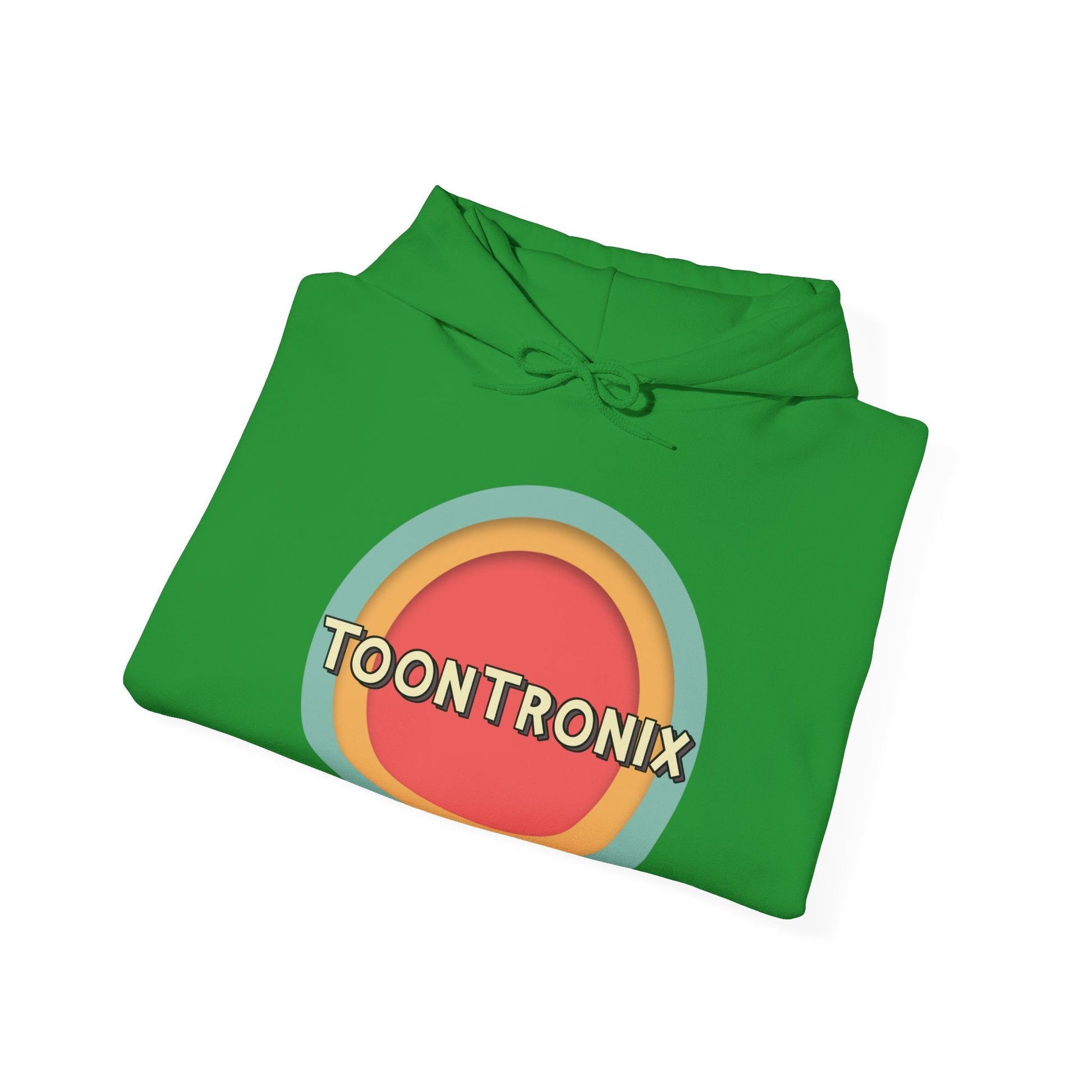 Toontronix Toons Logo Hoodie in green with kangaroo pocket and drawstring hood.