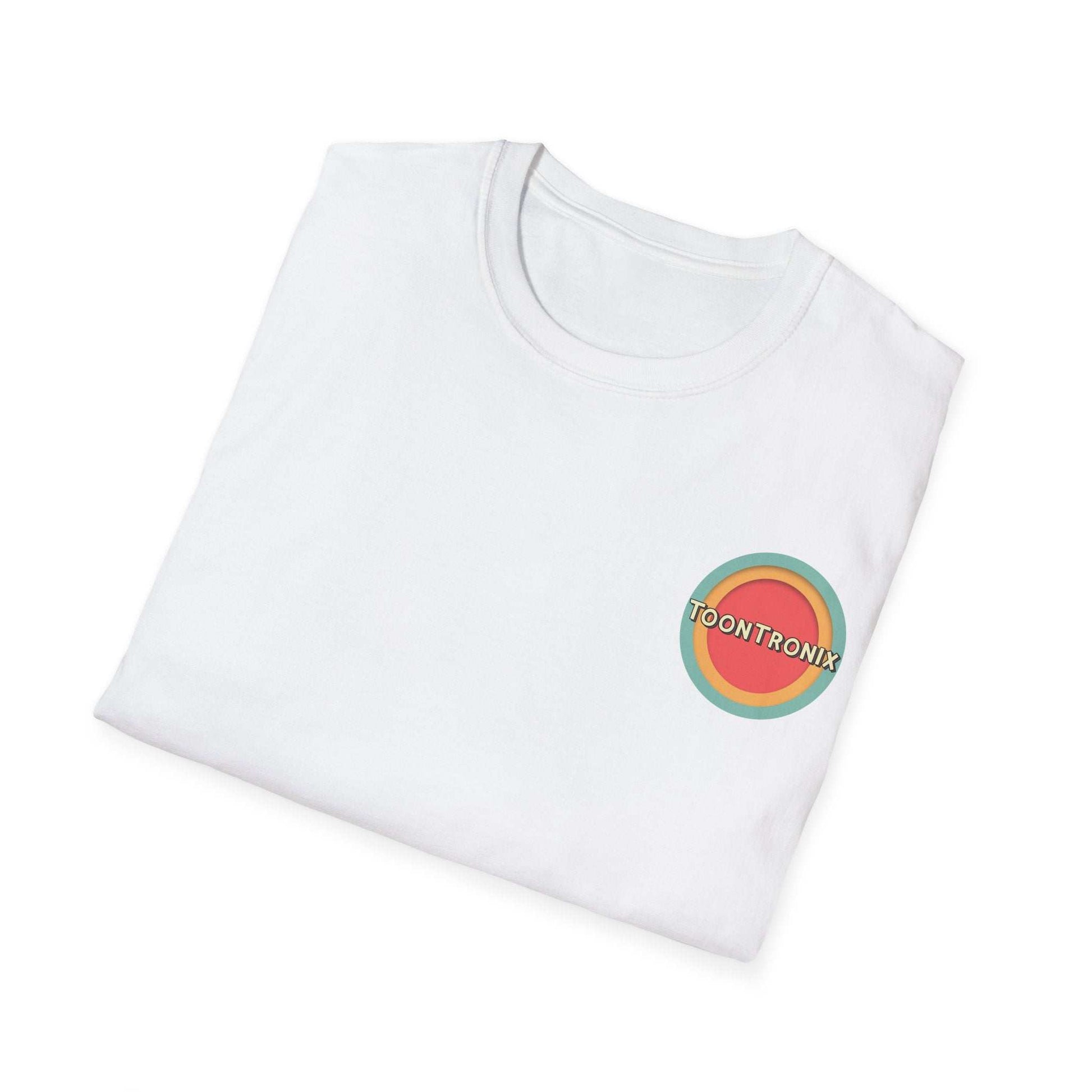 Unisex Toontronix Drip Coffee Tee with colorful logo on white cotton fabric.