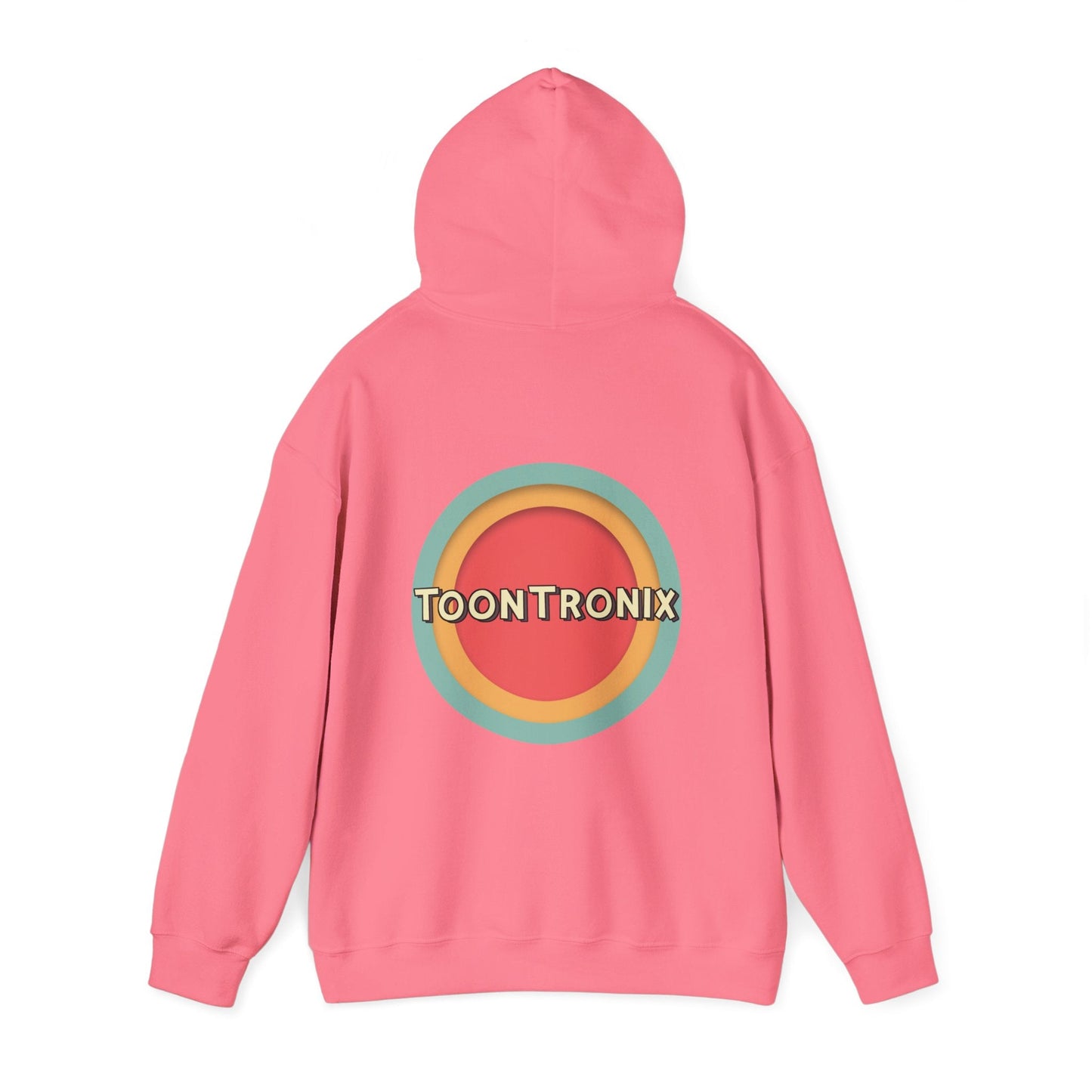Unisex pink hoodie with Toontronix Toons logo on back, featuring kangaroo pocket and adjustable drawstring hood.