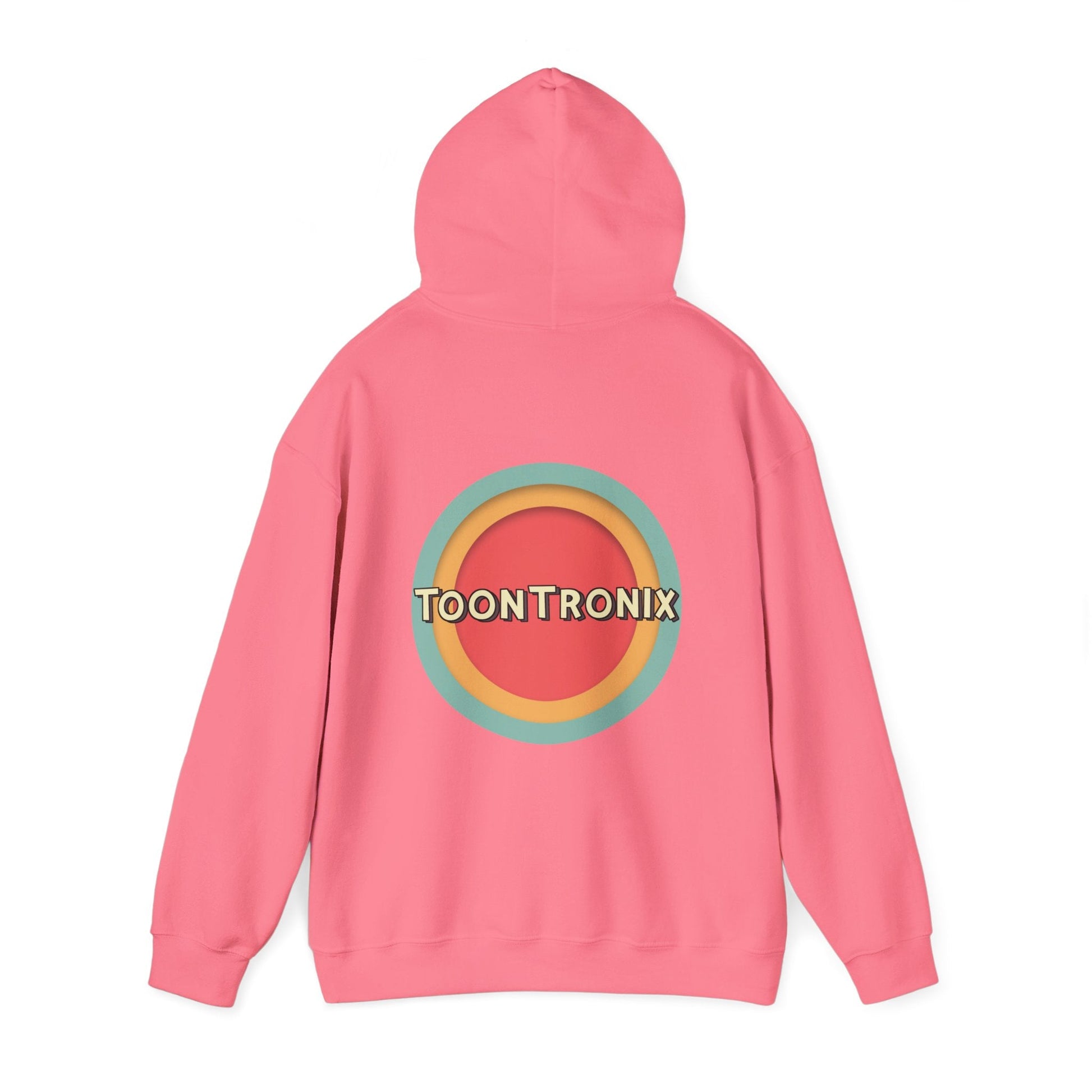 Unisex pink hoodie with Toontronix Toons logo on back, featuring kangaroo pocket and adjustable drawstring hood.