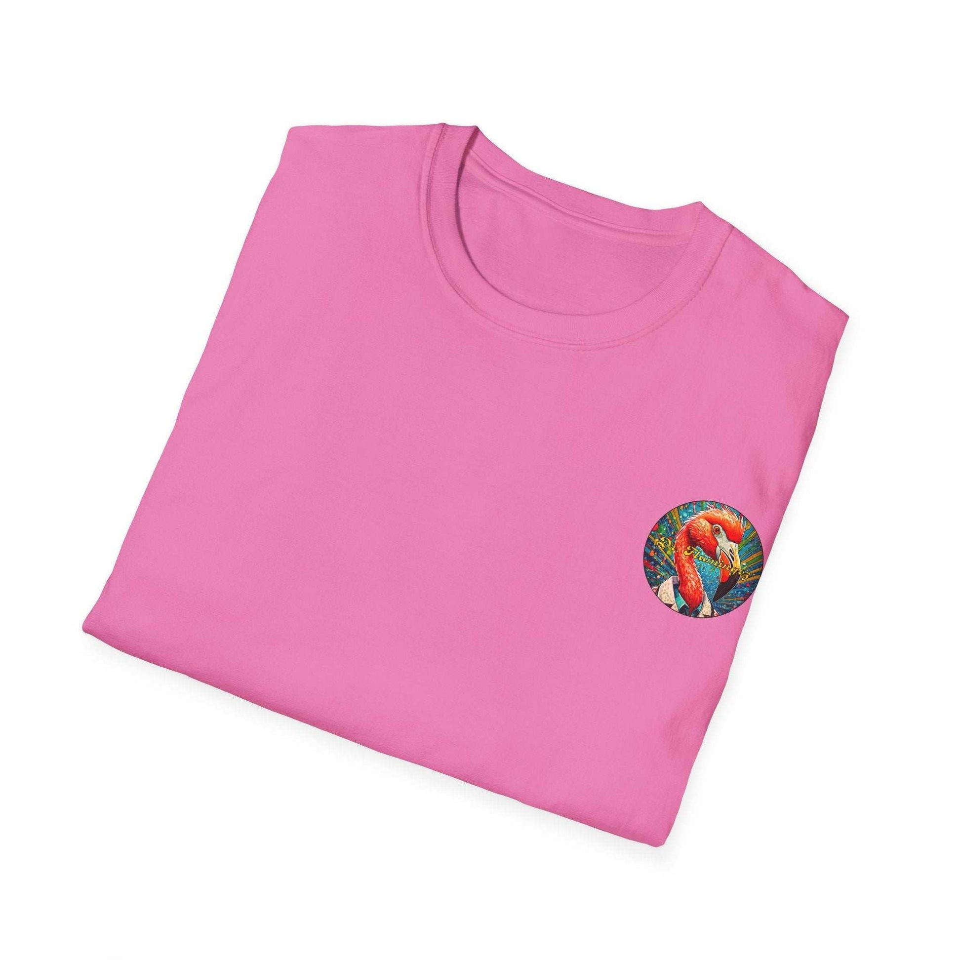Vibrant Flamingo T-Shirt with Dr. Flamingoz design on pink, unisex fit, 100% cotton.