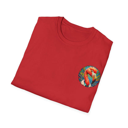 Red Dr. Flamingoz unisex t-shirt with tropical design, perfect for summer beachwear and fans of animated characters.