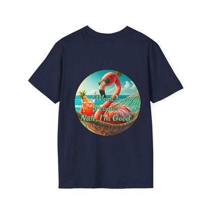 Vibrant Dr. Flamingoz unisex T-shirt with "Work, People? Nah I'm Good" slogan, featuring tropical design ideal for casual summer wear.