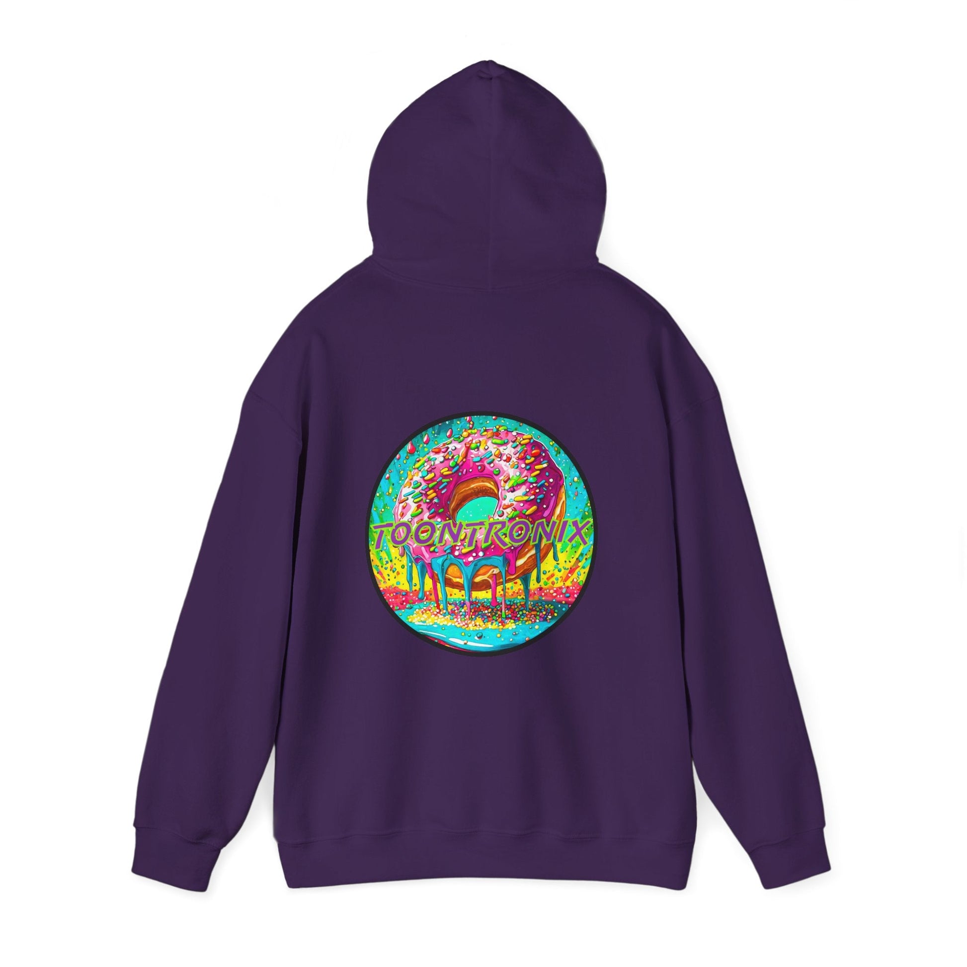 Toontronix Donut Hoodie with colorful logo on back, unisex heavy blend.