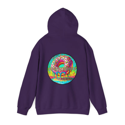 Toontronix Donut Hoodie with colorful logo on back, unisex heavy blend.