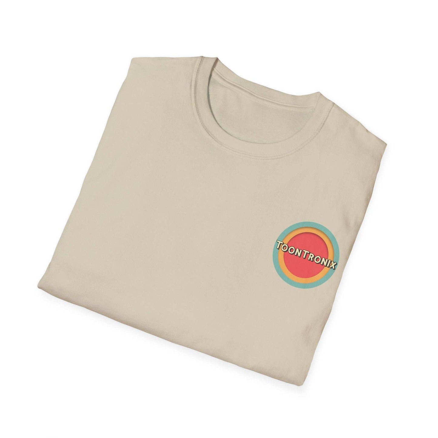Unisex Toontronix Donut Tee in beige with colorful circular logo.