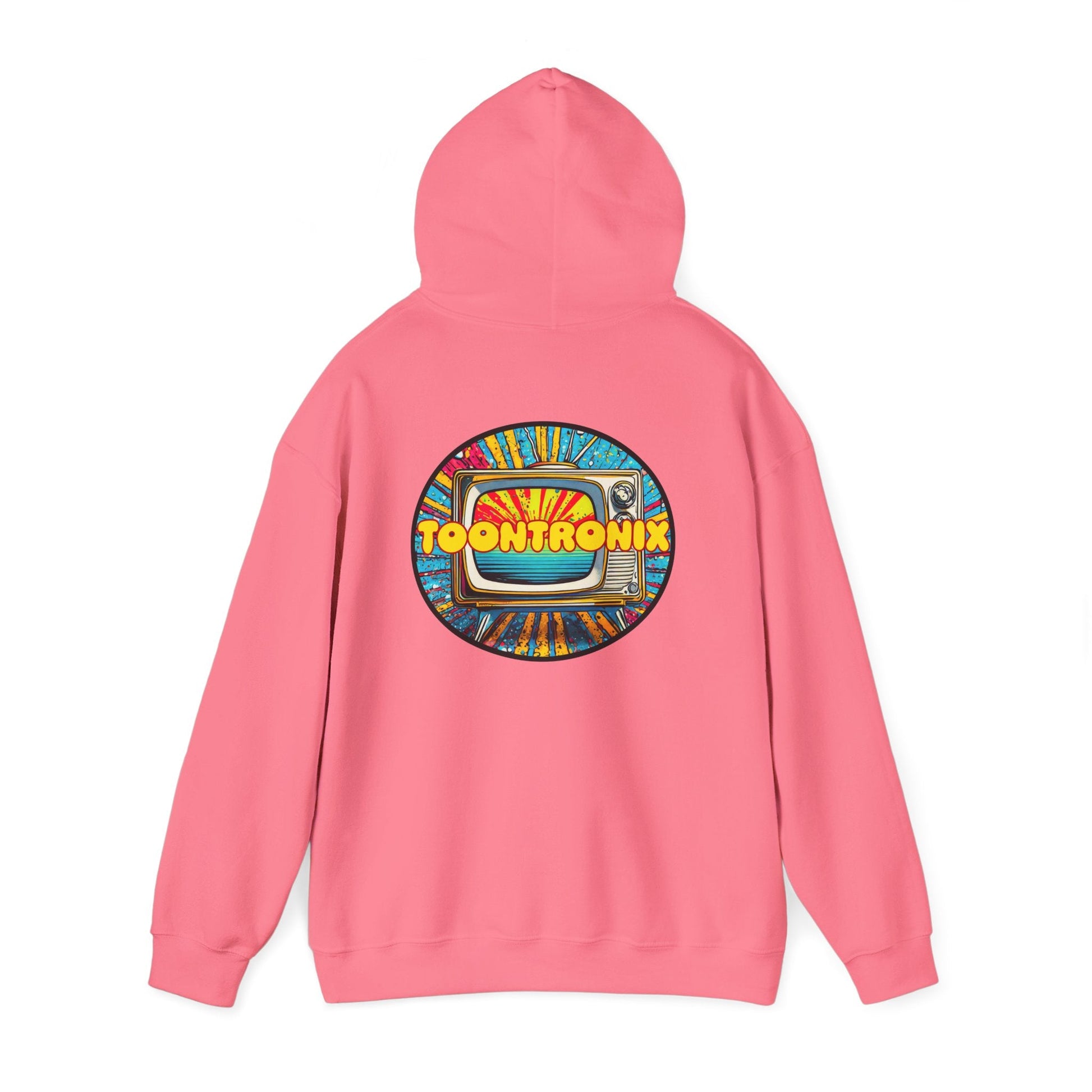 Unisex Toontronix TV Hoodie with vibrant design on the back, featuring kangaroo pocket and drawstring hood in pink.