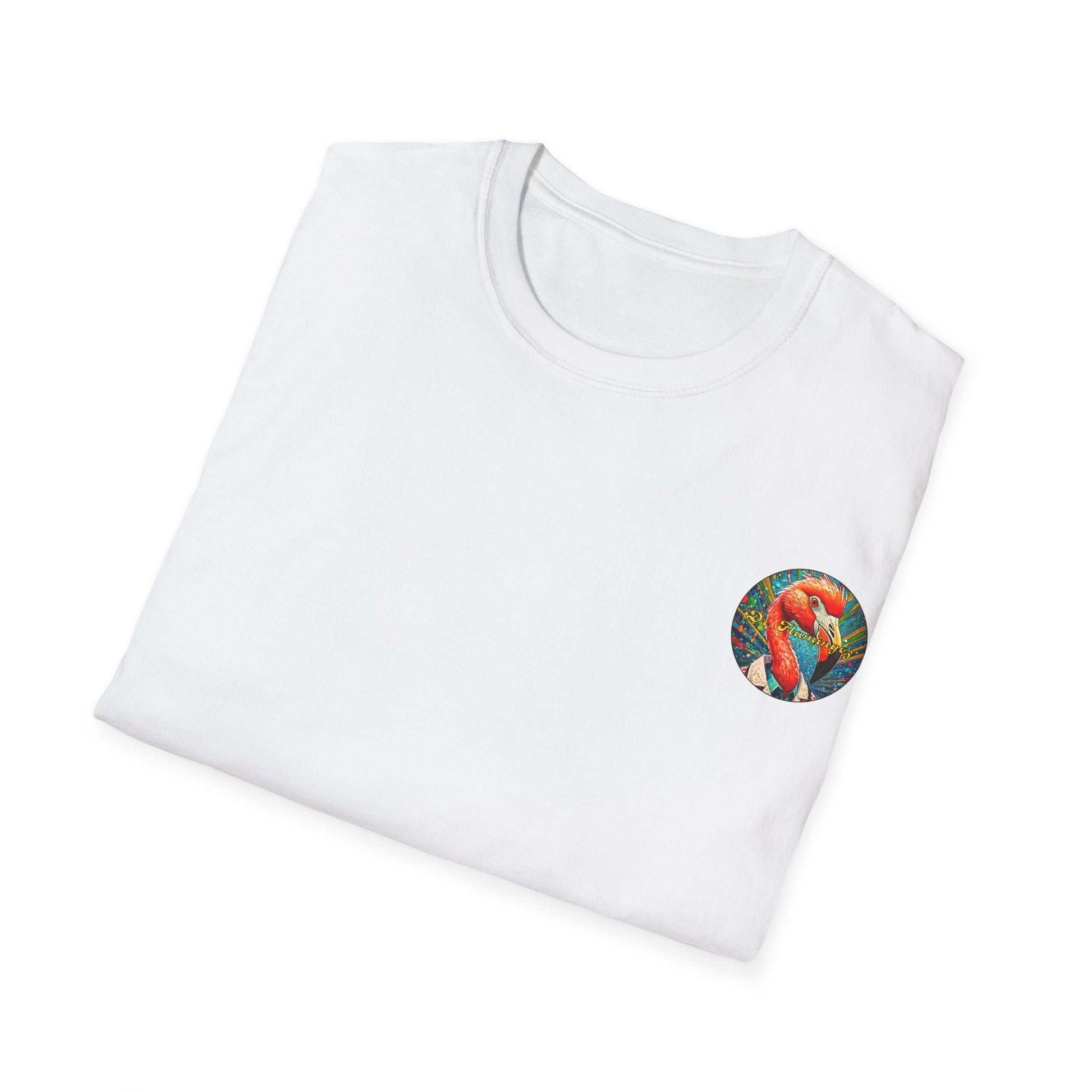 Unisex white T-shirt with vibrant flamingo design from Toontronix and ribbed collar for a comfortable fit.