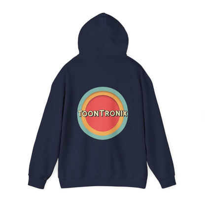 Unisex Toontronix Toons Logo Hoodie with kangaroo pocket and drawstring hood.