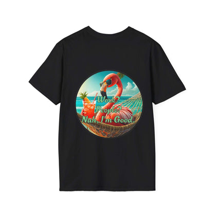 Dr. Flamingoz unisex t-shirt with tropical flamingo design and "Work, People, Nah I'm Good" text, perfect for casual beachwear or fans of animated characters.