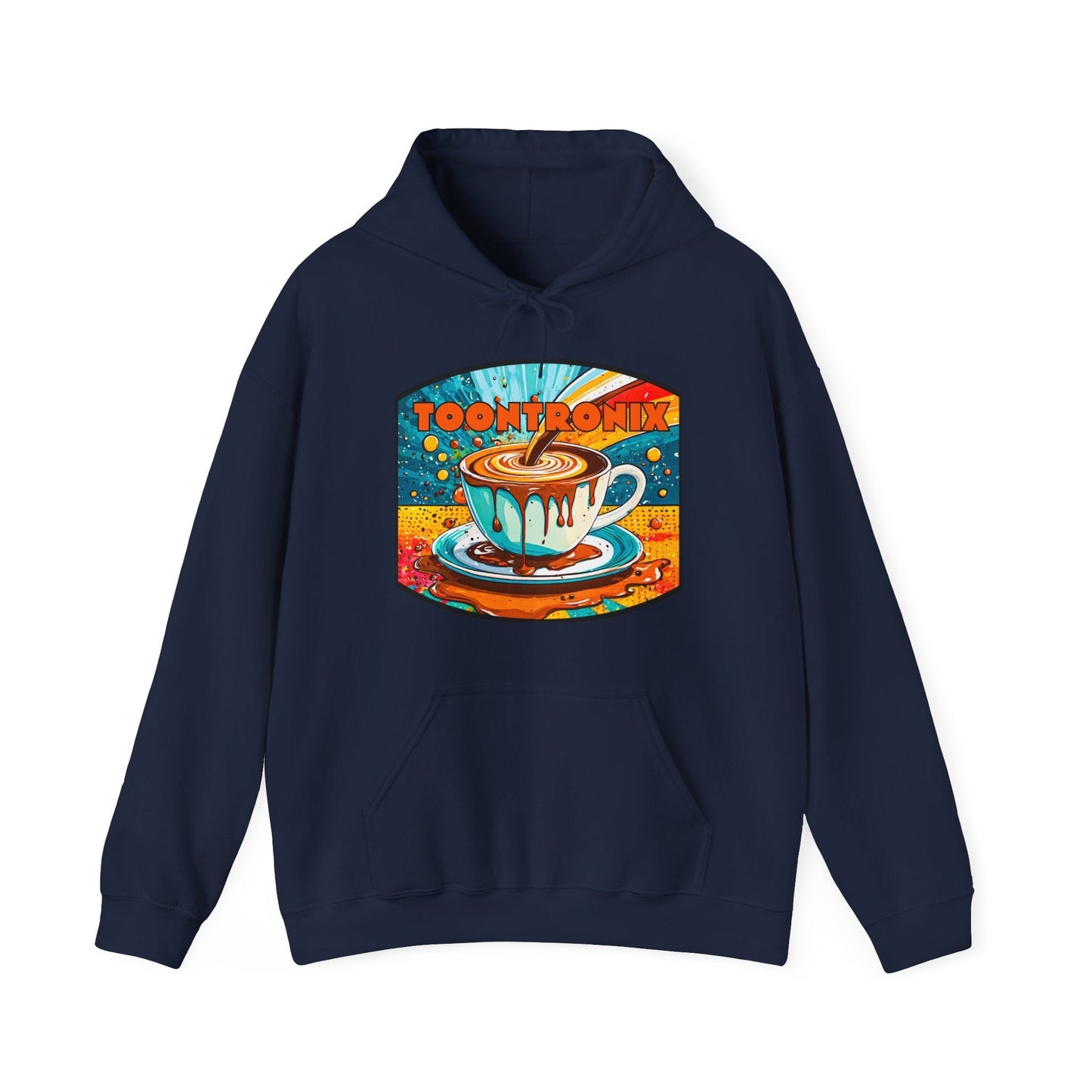 Toontronix Coffee Drip Hoodie - Unisex Heavy Blend Sweatshirt with colorful coffee cup design, perfect for cozy style.
