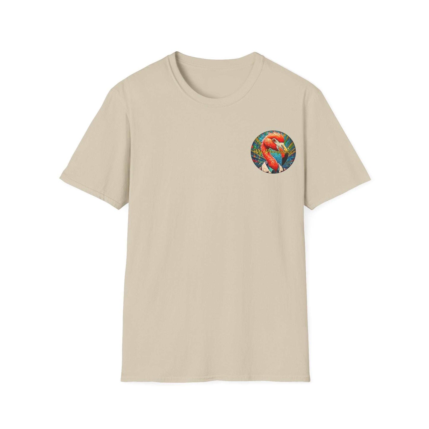 Vibrant Dr. Flamingoz unisex T-shirt with tropical design, perfect summer beachwear.