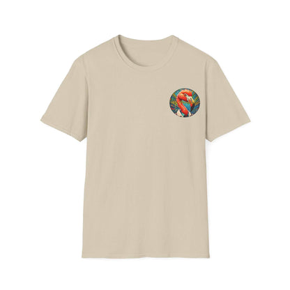Vibrant Dr. Flamingoz unisex T-shirt with tropical design, perfect summer beachwear.
