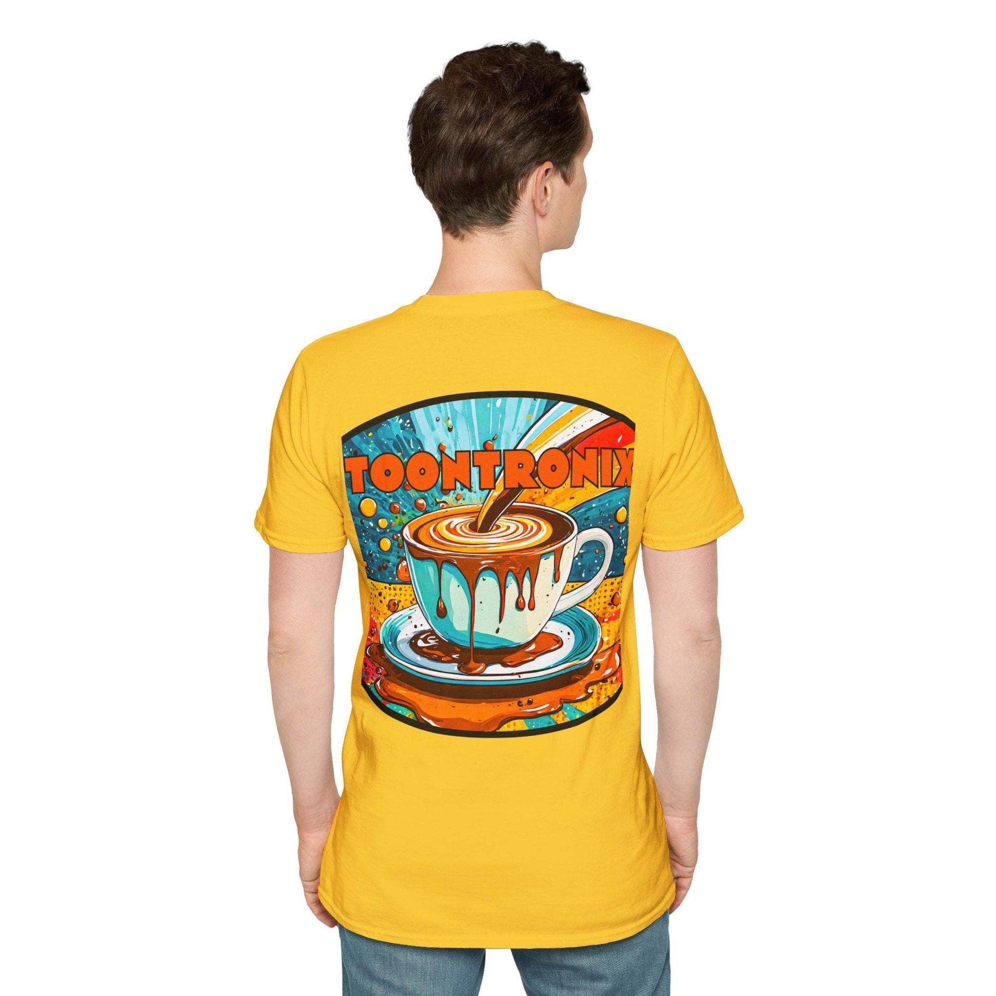 Toontronix Drip Coffee Tee Unisex T-Shirt with animated coffee design, short sleeves, 100% cotton.