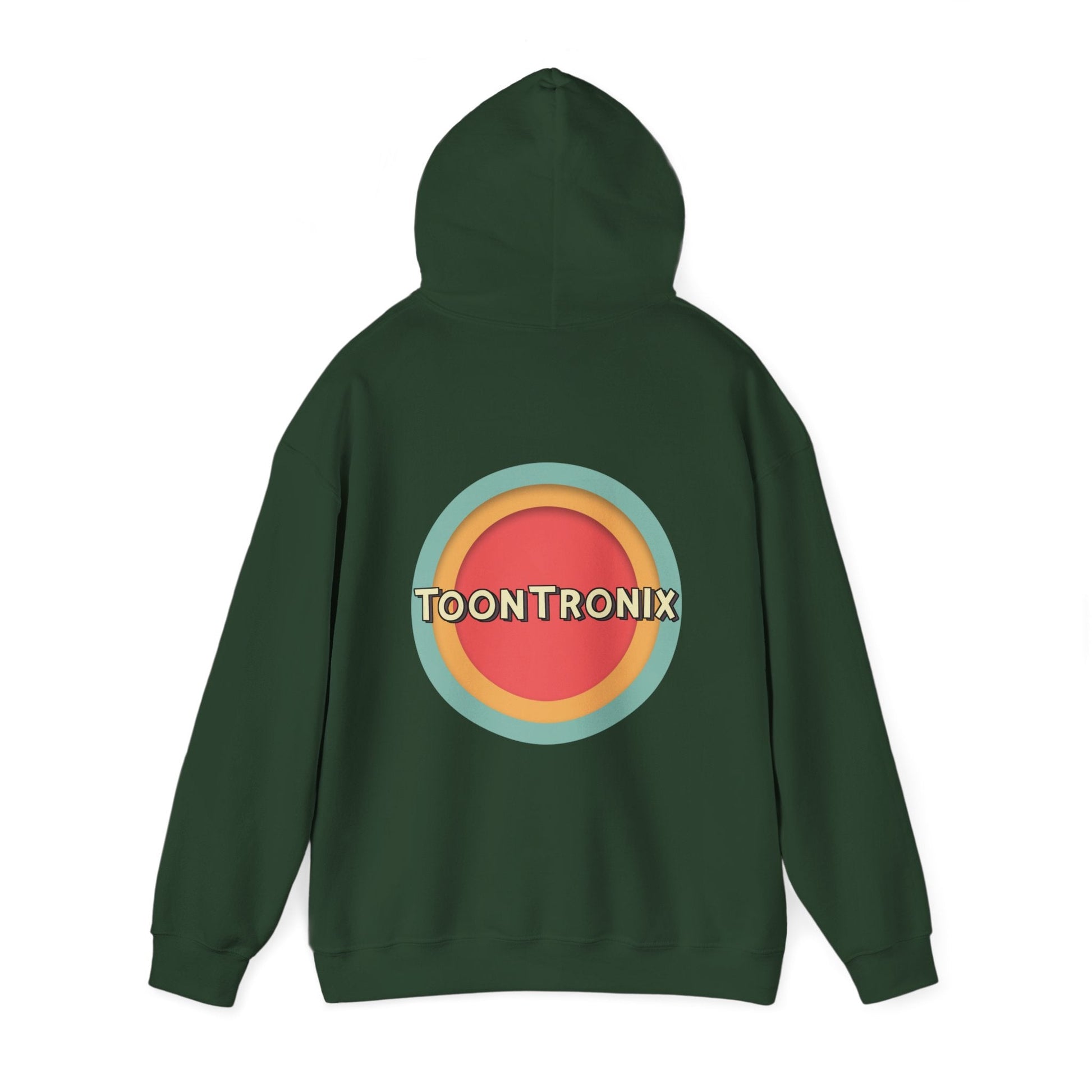 Unisex Toontronix Toons Logo Hoodie with kangaroo pocket and drawstring hood.