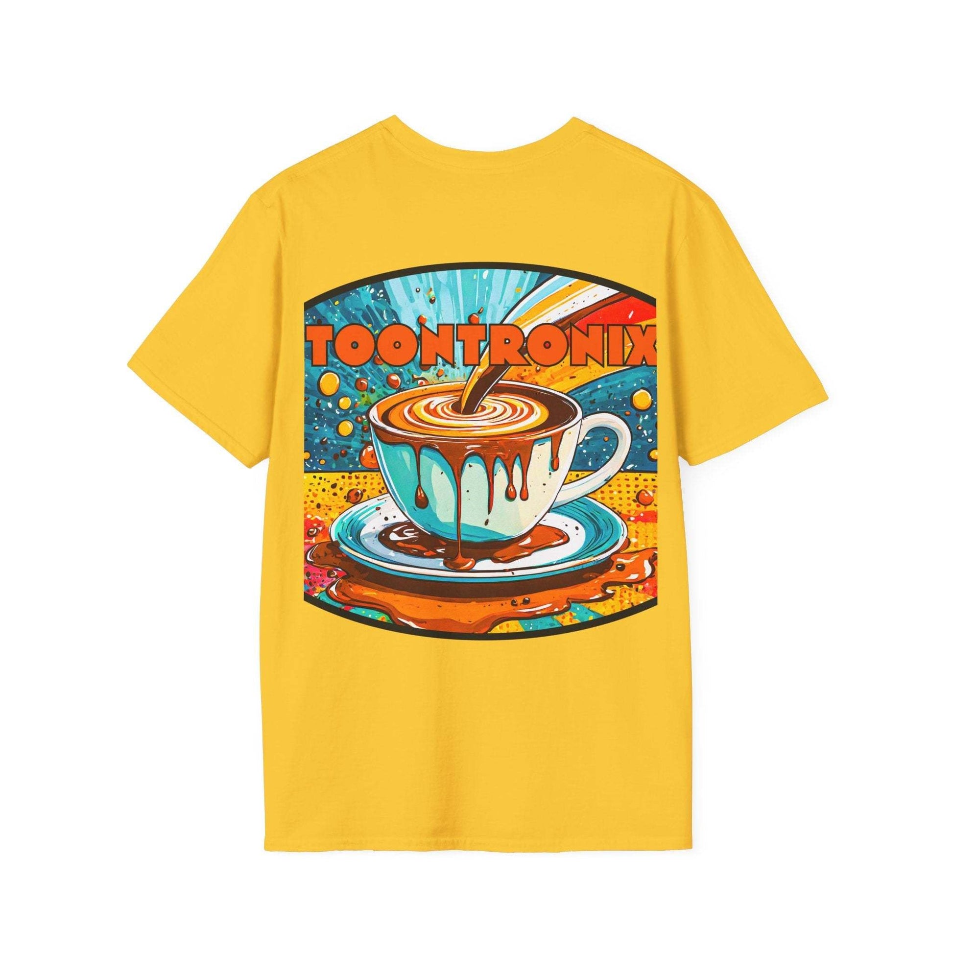 Unisex Toontronix Drip Coffee Tee with vibrant coffee cup design.