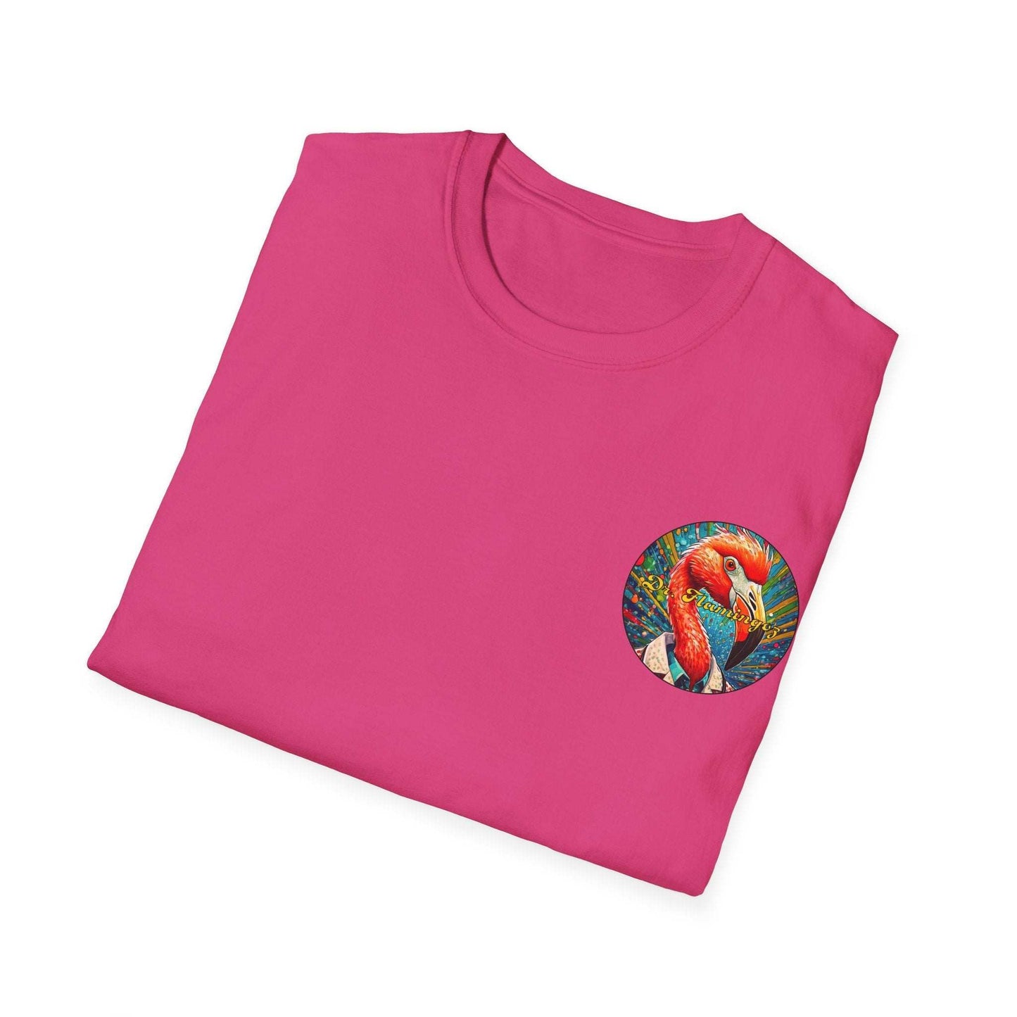 Vibrant Dr. Flamingoz unisex T-shirt with flamingo graphic, ideal summer beachwear and gift.