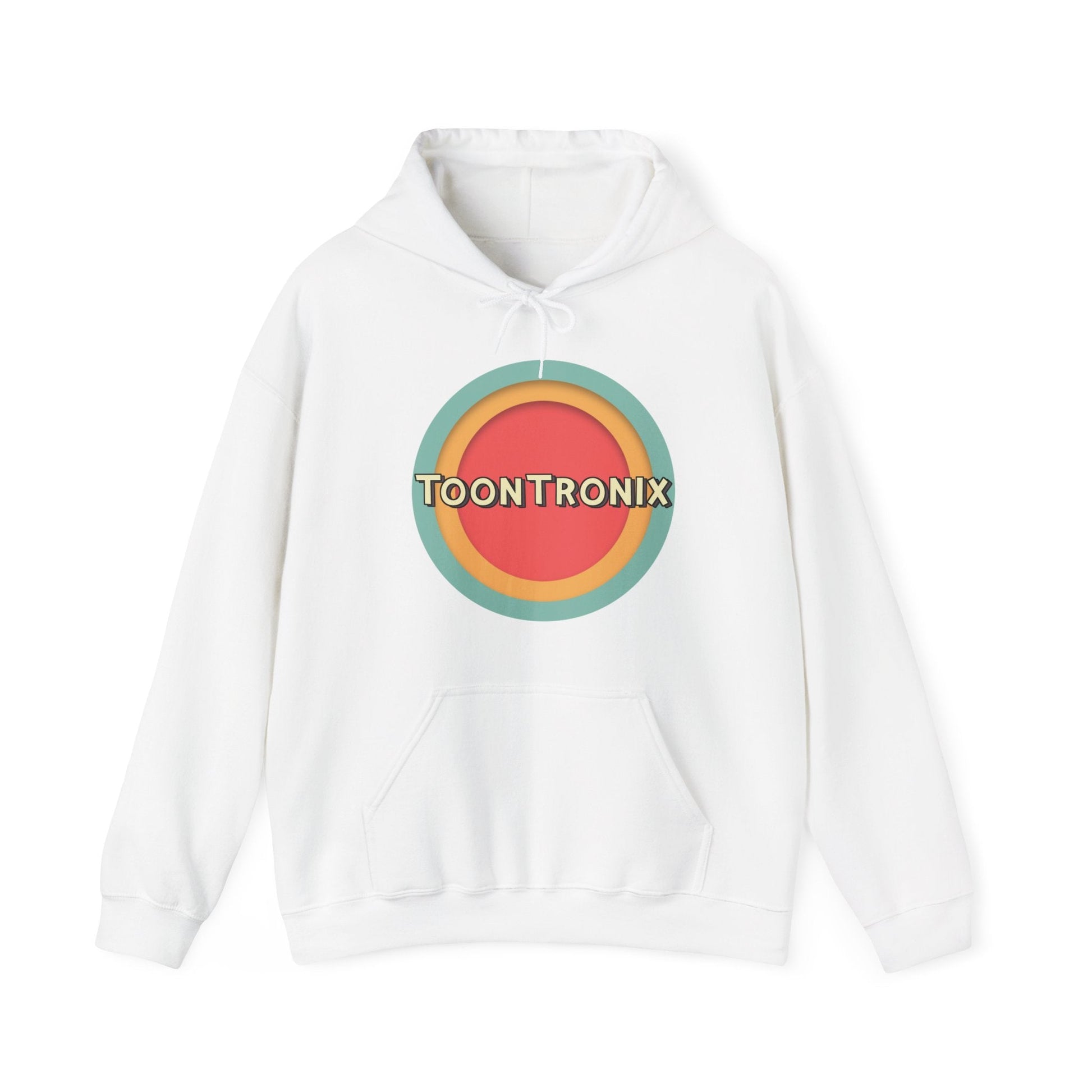 Unisex Toontronix Toons Logo Hoodie with kangaroo pocket, adjustable hood, and colorful logo design.