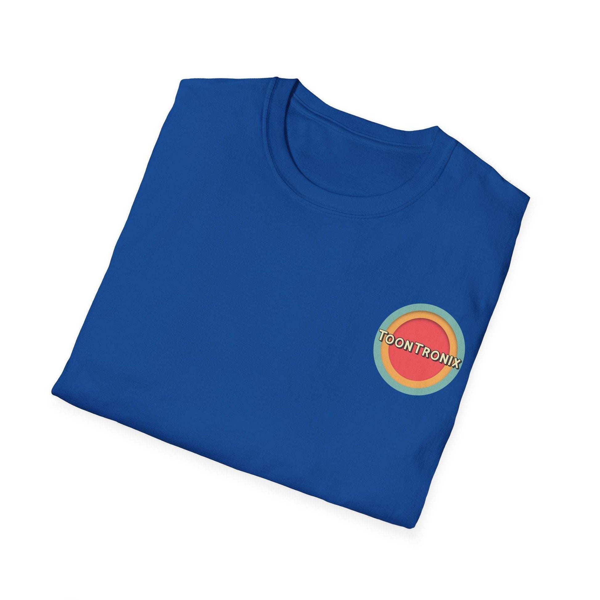 Blue Toontronix Retro Logo Tee with colorful logo on chest, classic fit, 100% cotton.