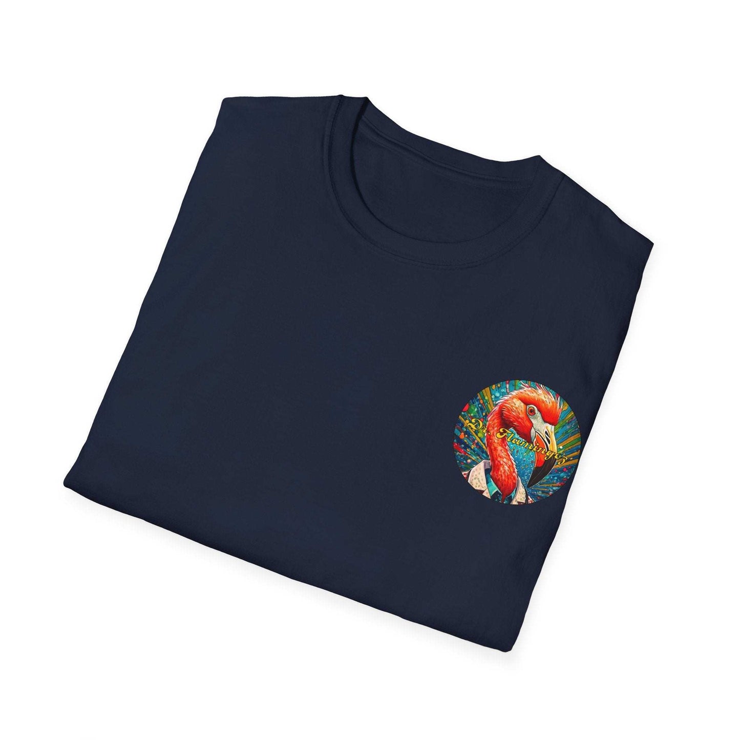 Vibrant Dr. Flamingoz unisex t-shirt featuring colorful flamingo design, ideal for casual summer wear.