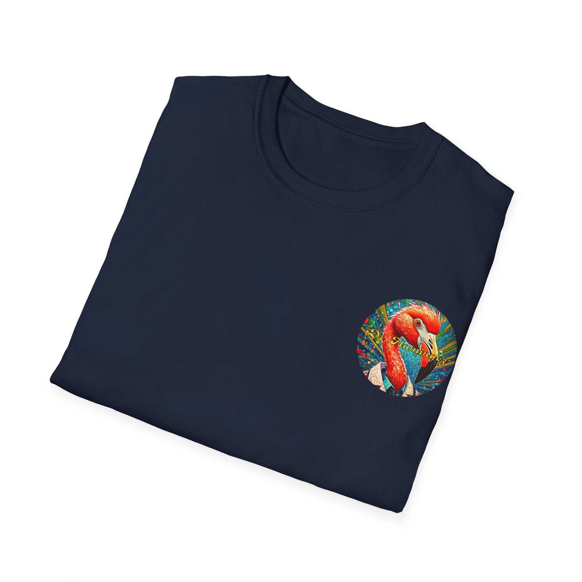 Vibrant Dr. Flamingoz unisex t-shirt featuring colorful flamingo design, ideal for casual summer wear.
