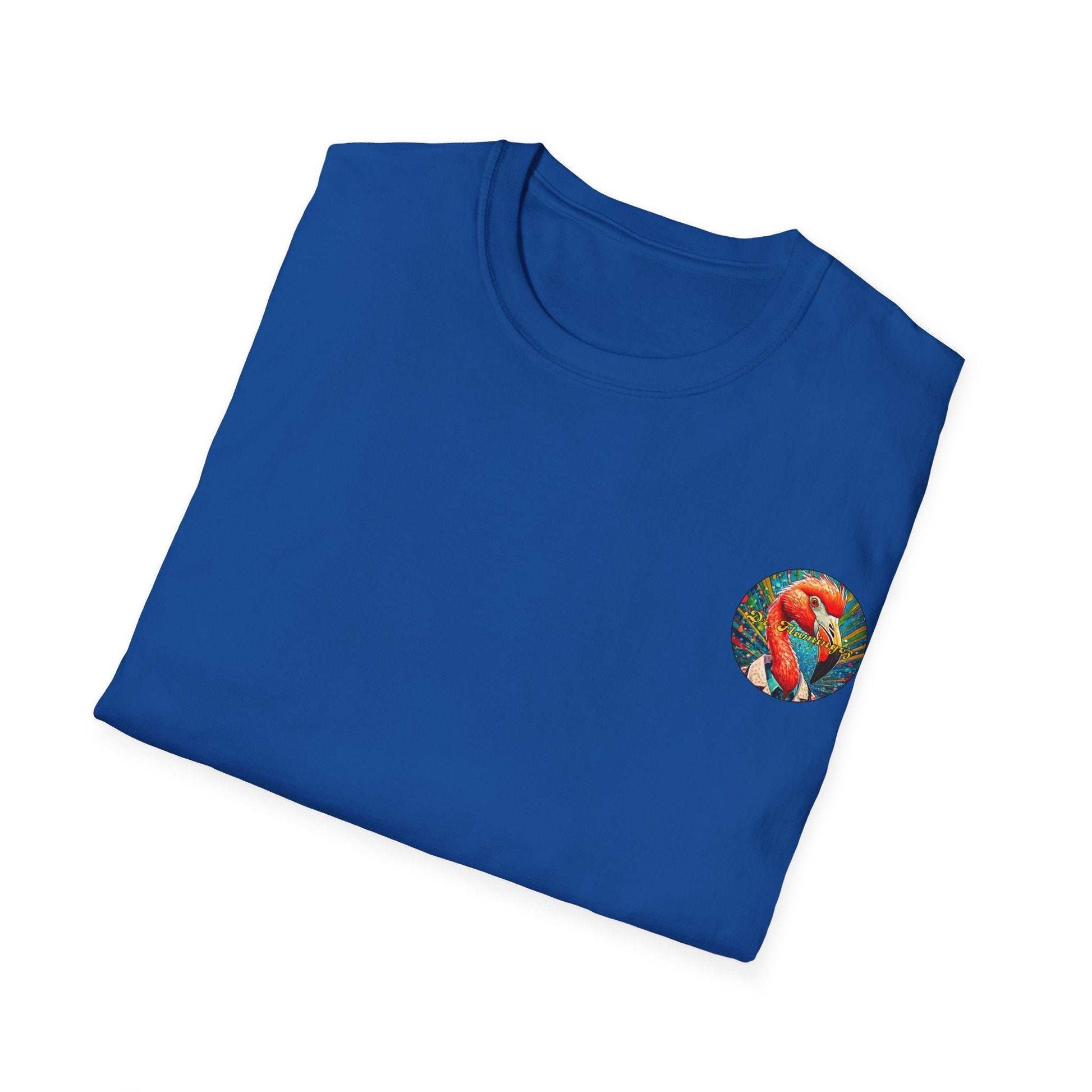 Vibrant flamingo T-shirt with classic fit and ribbed collar in blue.