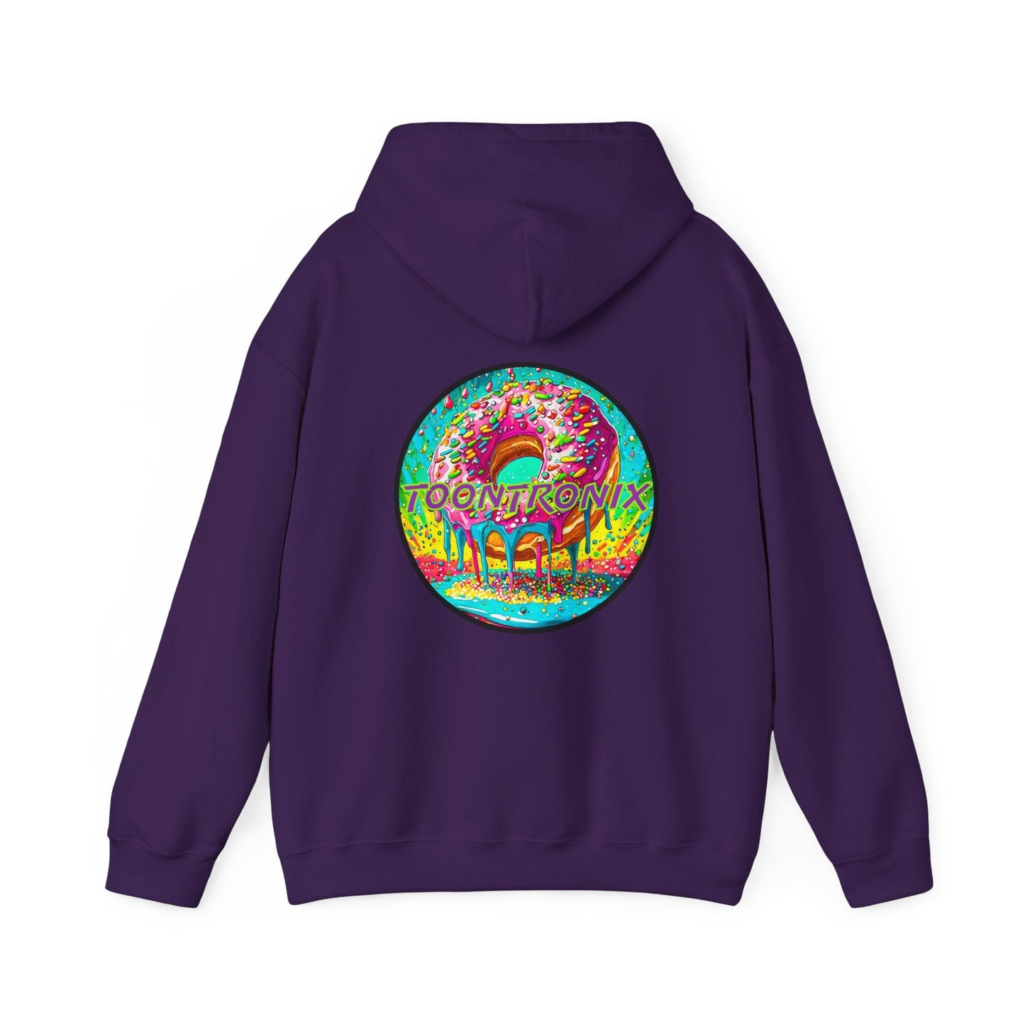 Unisex Toontronix Donut Hoodie with colorful donut graphic, heavy blend fabric, and kangaroo pocket.