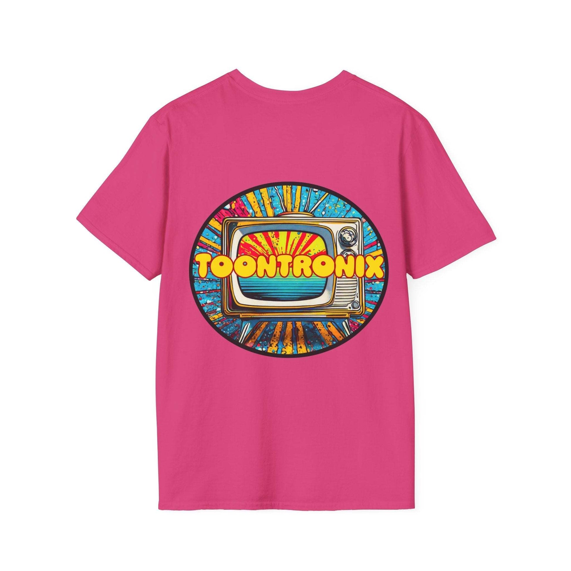 Toontronix Tv Tee Unisex shirt with colorful TV graphic on pink background, classic fit, ribbed collar.