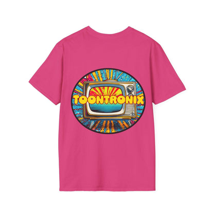 Toontronix Tv Tee Unisex shirt with colorful TV graphic on pink background, classic fit, ribbed collar.