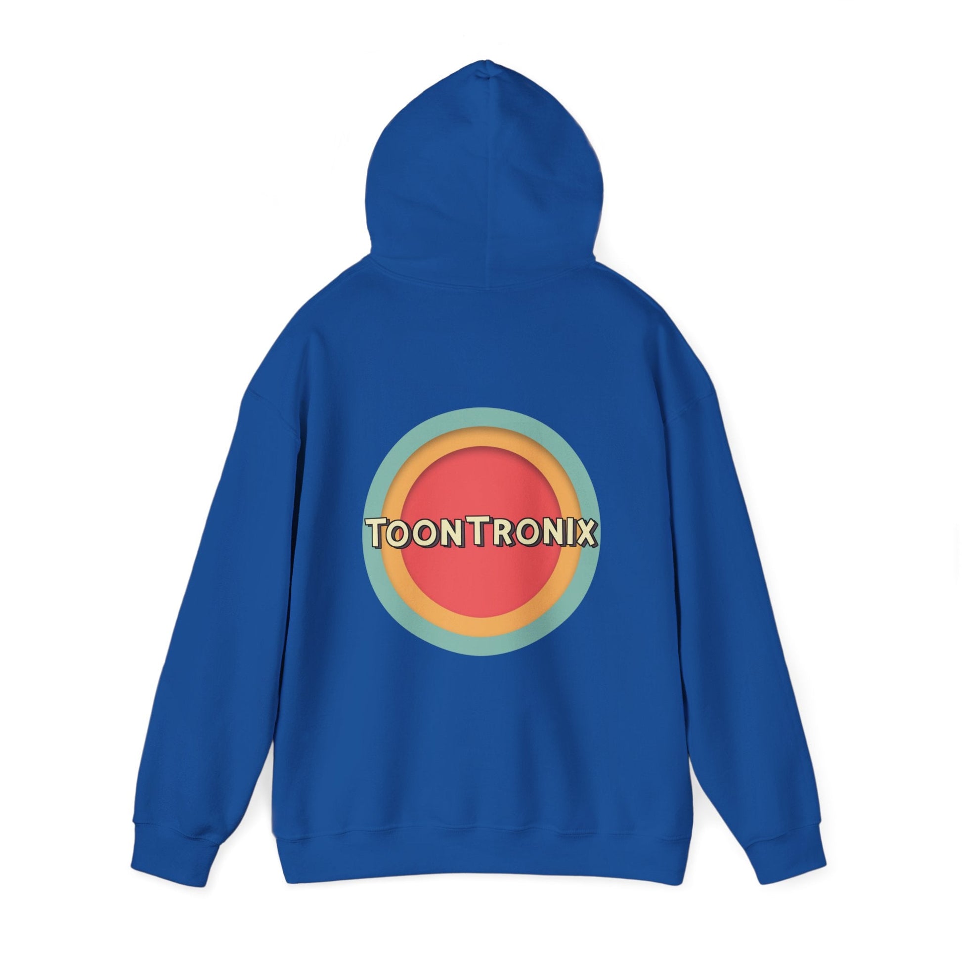 Unisex Toontronix Toons Logo Hoodie with kangaroo pocket and drawstring hood.