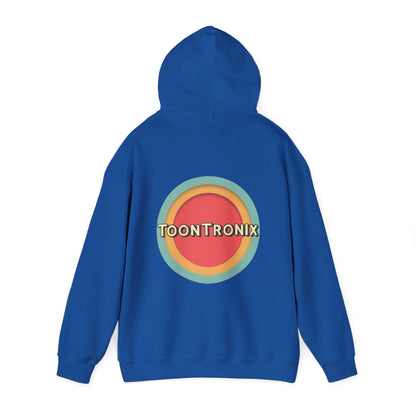 Unisex Toontronix Toons Logo Hoodie with kangaroo pocket and drawstring hood.