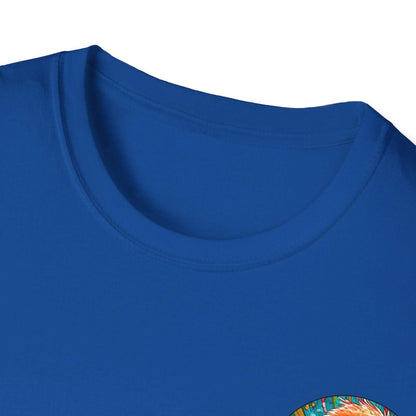 Vibrant Dr. Flamingoz unisex t-shirt, classic fit, blue, casual wear.