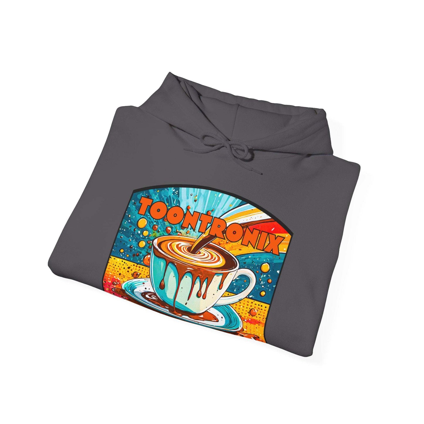 Toontronix Coffee Drip Hoodie - Unisex Heavy Blend Sweatshirt with colorful coffee graphic.