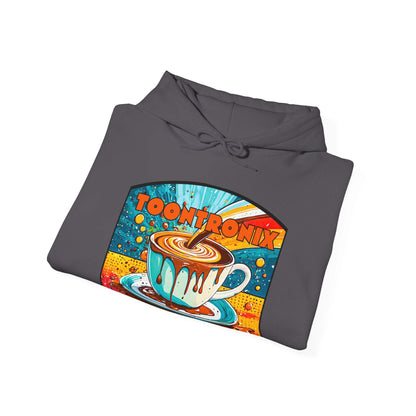 Toontronix Coffee Drip Hoodie - Unisex Heavy Blend Sweatshirt with colorful coffee graphic.