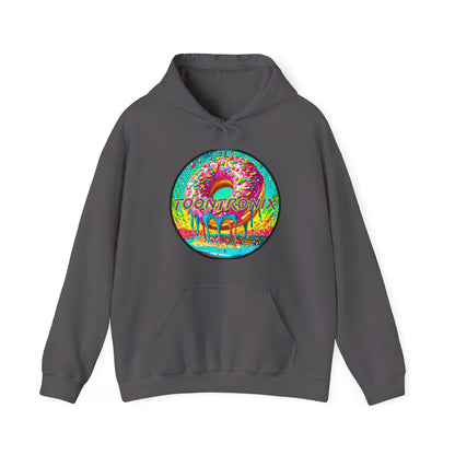Unisex heavy blend hoodie with colorful donut graphic, featuring a kangaroo pocket and adjustable hood.